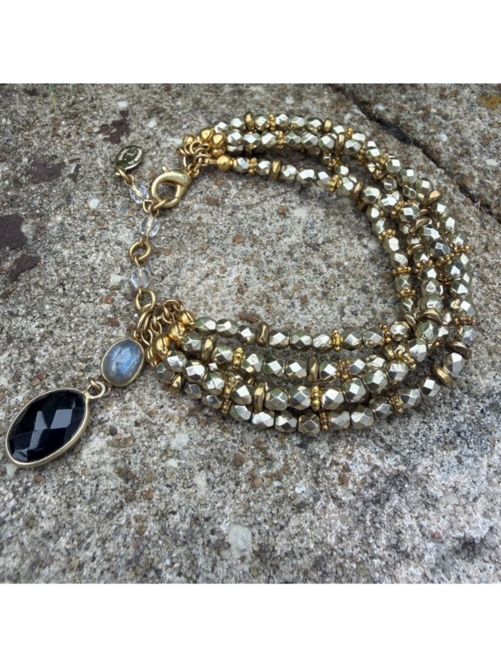 Rachel Reinhardt Multi-Strand Gold Bracelet Labradorite & Faceted Onyx Celestial - Picture 2 of 14